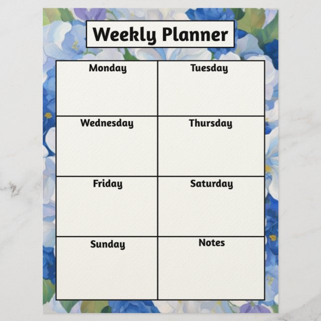 Membrete Planner semanal de sombras de flores azules (Anverso)