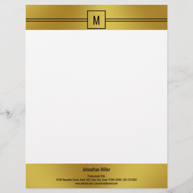 Membrete Plantilla de Monograma Blanco y Oro Negro Moderno (Anverso)