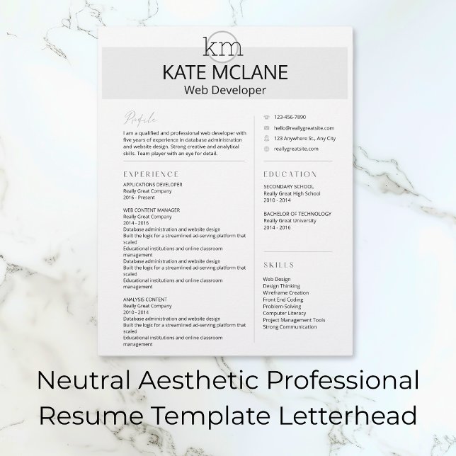 Membrete Plantilla de reanudación profesional estética neut (Neutral Aesthetic Professional Resume Template Letterhead)