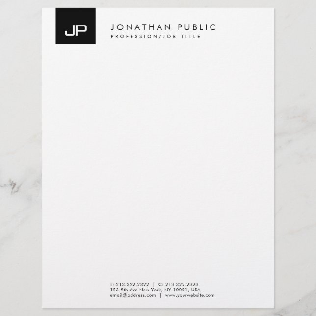 Membrete Plantilla Simple Monograma Blanco Y Negro Moderno (Anverso)