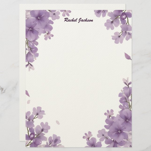 Membrete Purple Floral Stationery Paper (Anverso / Reverso)