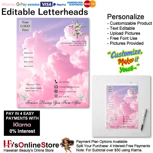 Membrete Purple Pink Clouds Dove Cross Funeral Memorial  (Purple Pink Clouds Dove Cross Funeral Memorial Letterhead.)