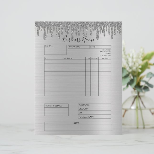 Membrete Purpurina Plata Perfora Factura Pequeña Empresa (Anverso de pie)