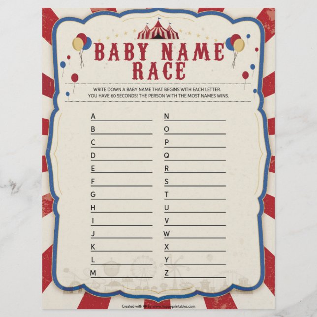 Membrete Raza por nombre del bebé [Tema del circo] (Anverso)
