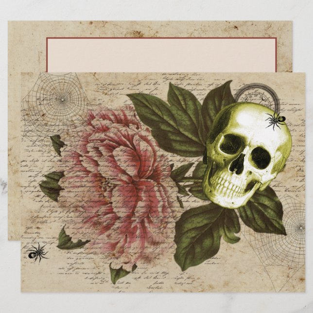 Membrete Red Peony Steampunk Skull Ephemera (Anverso / Reverso)