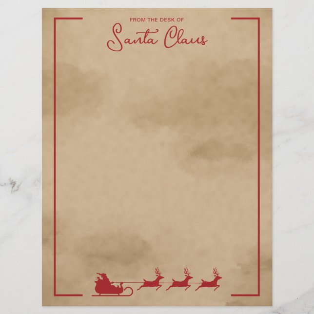 Membrete Red Santa Sleigh Sobre La Faux Old Worn Paper Look (Anverso)