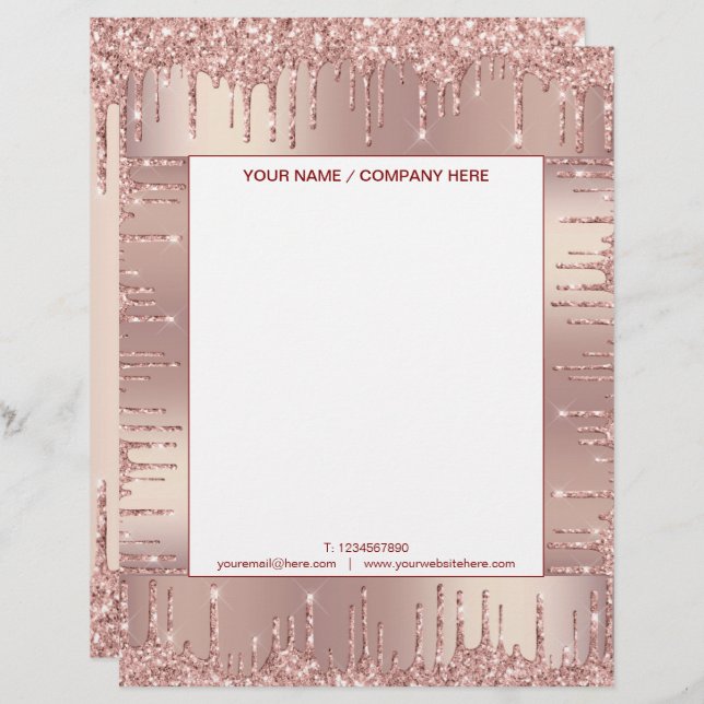 Membrete Rosa Purpurina de oro Sparkly Letterhead Personali (Anverso / Reverso)