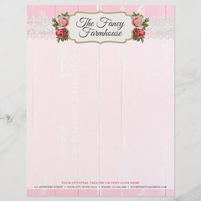 Membrete Rosas florales rosados de madera rústicos (Anverso)