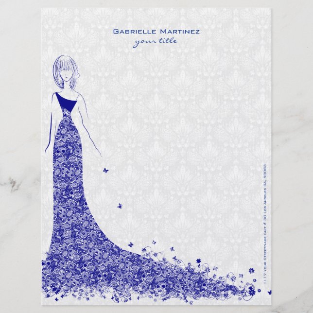 Membrete Royal Blue & White Lace Boda Vestido Floral Lace (Anverso)