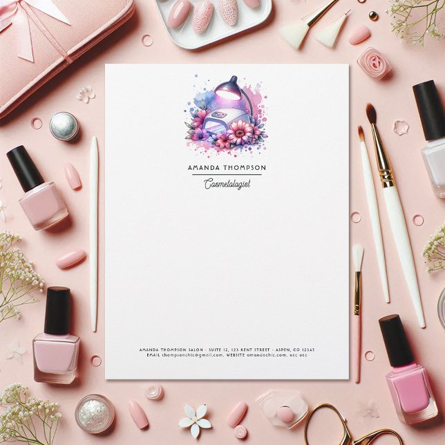 Membrete Salón de Uñas Acuarela Chic (Chic Watercolor Nail Salon Letterhead)