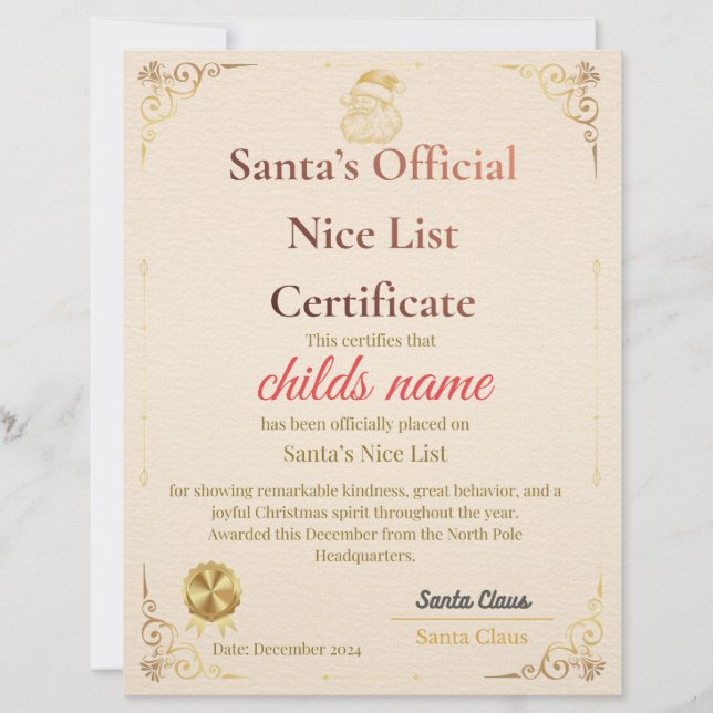 Membrete Santa’s Nice List Certificate   (Anverso)