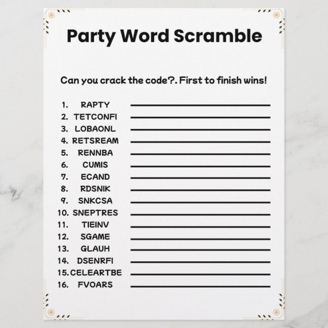 Membrete Scramble de palabras fiesta - Juego imprimible (Anverso)