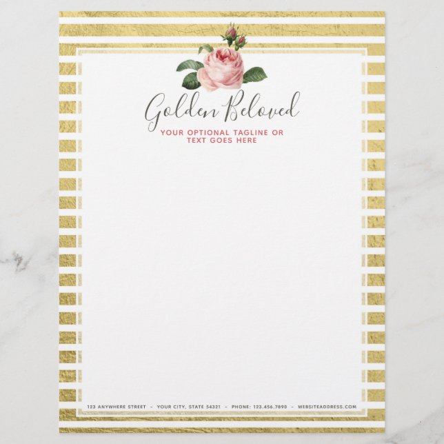 Membrete Shabby Chic Rosa y Modernas Bandas de Oro Giral (Anverso)