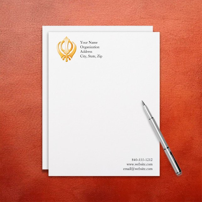 Membrete Símbolo sij (Sikh Letterhead, Gold Khanda, symbol of the Sikh religion. Customize with your text.)
