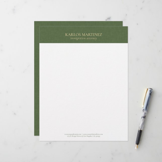 Membrete Simple Forest Green Linen Gold Typography (Anverso/Reverso In Situ)