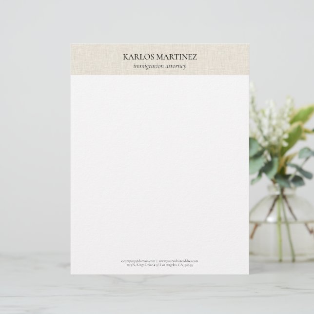 Membrete Simple Light Beige Linen Black Typography (Anverso de pie)