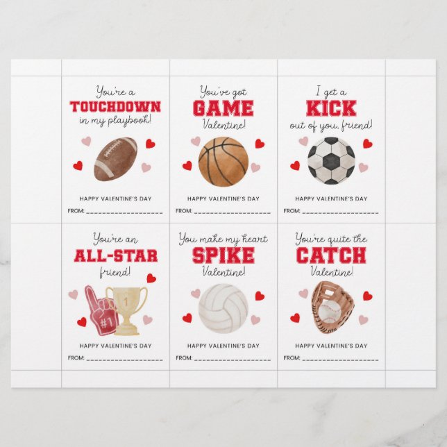 Membrete Sports Valentine’s Day Cards for Kids Classroom  (Anverso)