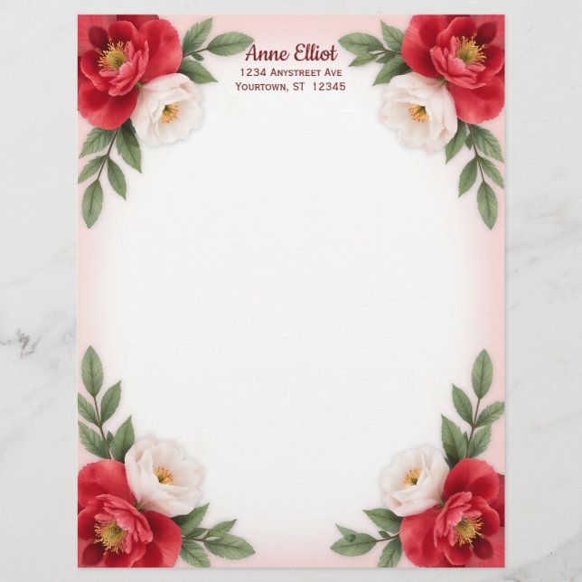 Membrete Sweet Red and White Flowers Stationery Paper (Anverso)