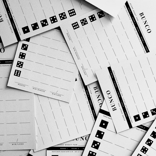 Membrete Tarjeta de puntuación simple para Bunco en blanco  (black and white modern and simple bunco scoring sheets)