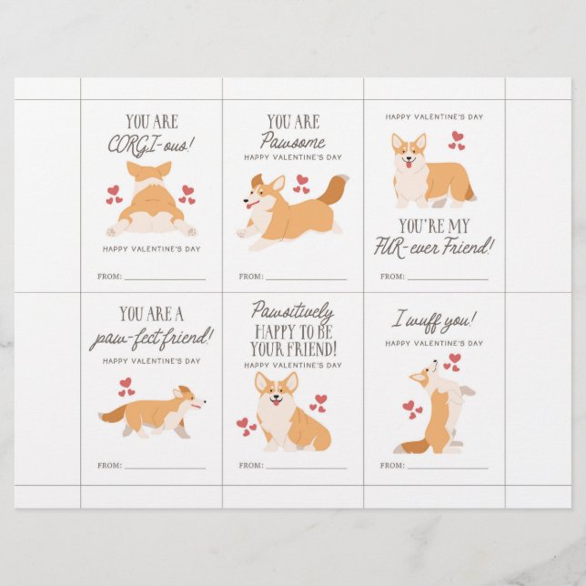 Membrete Tarjetas de San Valentín de Corgi para Niños (Anverso)