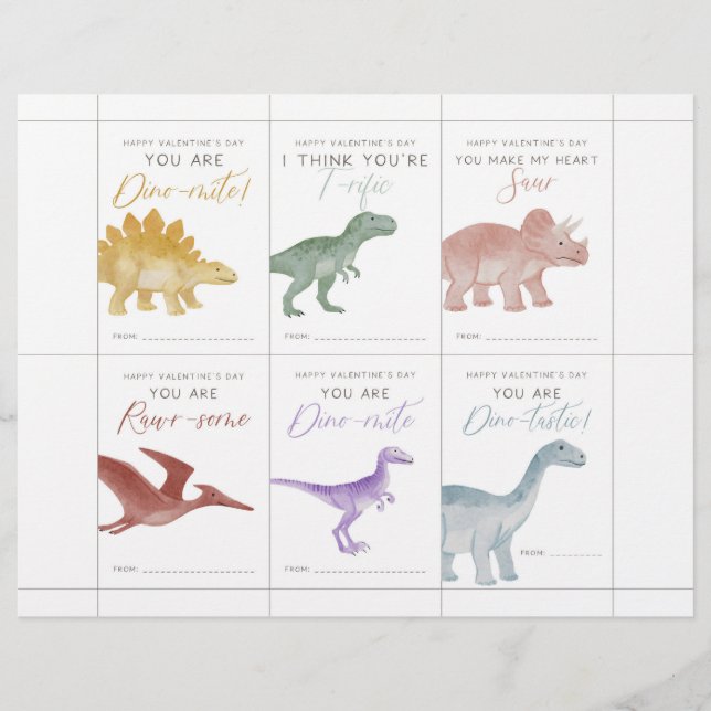 Membrete Tarjetas de San Valentín de dinosaurios para niños (Anverso)
