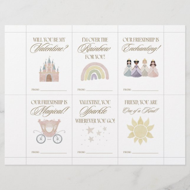 Membrete Tarjetas de San Valentín de Princesas para Niños (Anverso)