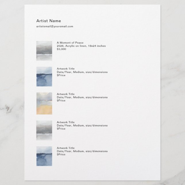 Membrete Tear Sheet Price List Template for Art (Anverso)
