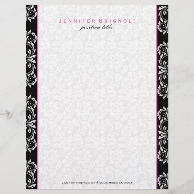 Membrete Toco Blanco Negro De Damascos Florales Rosa (Anverso)