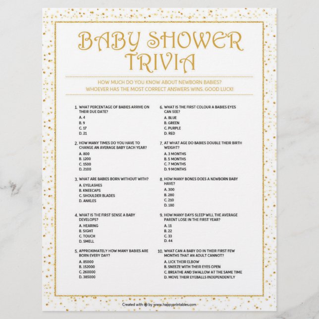 Membrete Trivia de Baby Shower [Espinillas de oro] (Anverso)