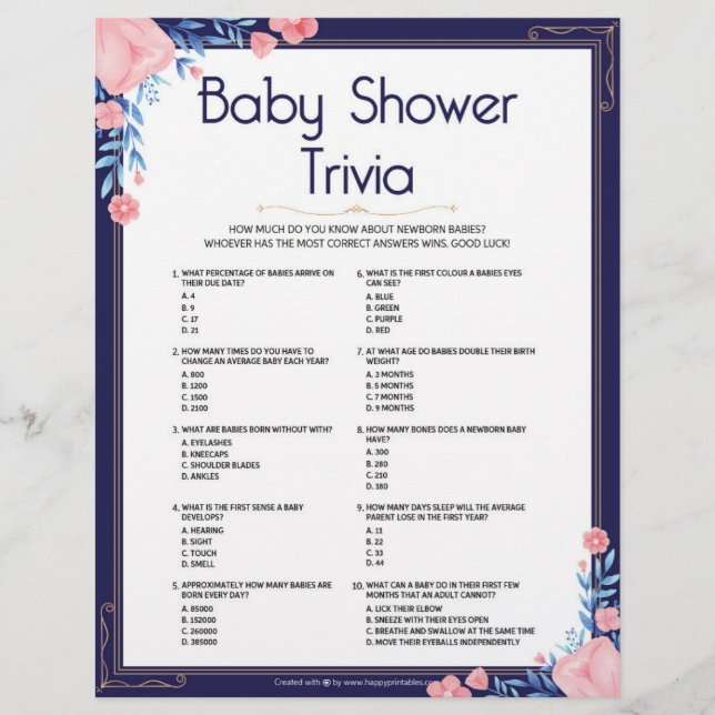Membrete Trivia de Baby Shower [marco floral] (Anverso)