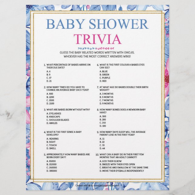 Membrete Trivia para bebés [acuarelas florales] (Anverso)