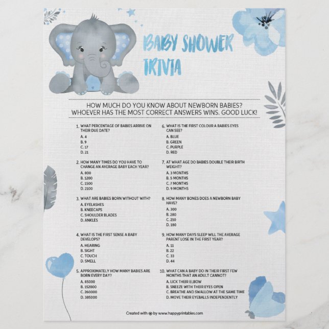 Membrete Trivia para bebés [Elefante para bebés [Azul] (Anverso)
