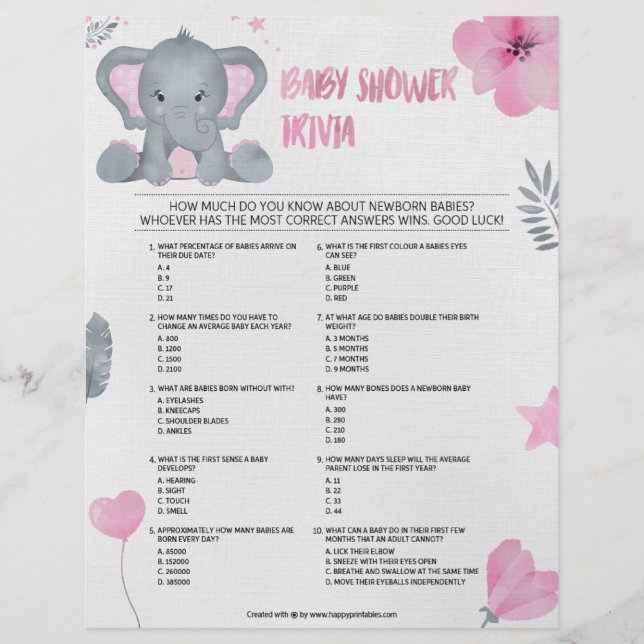 Membrete Trivia para bebés [Elefante para bebés [Rosa]] (Anverso)