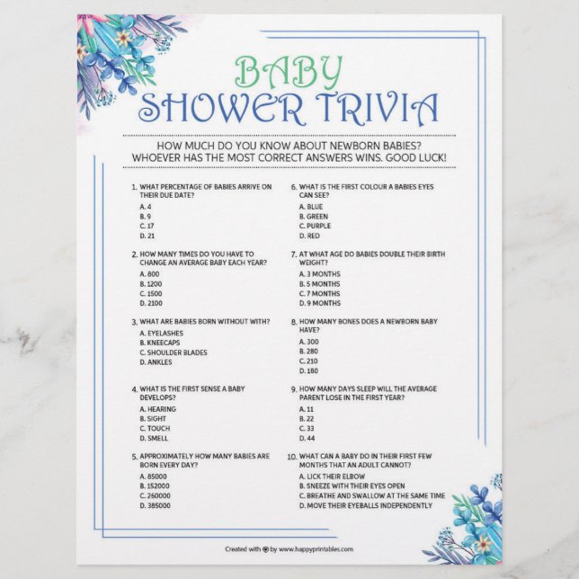 Membrete Trivia para bebés [Floral azul] (Anverso)