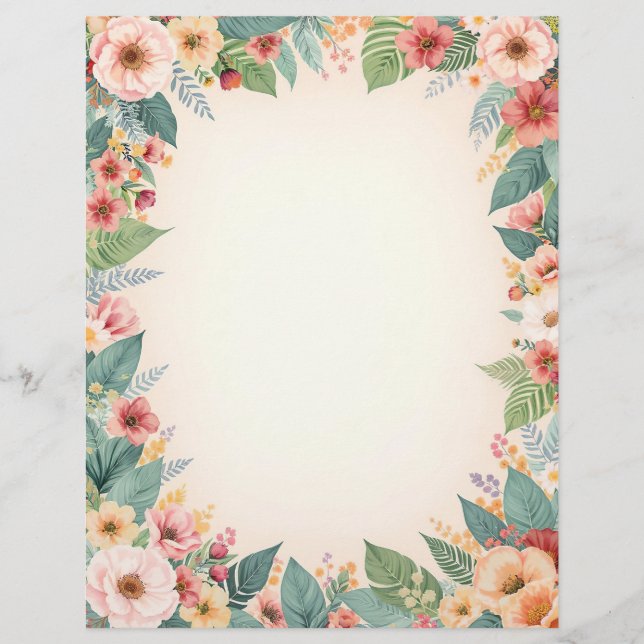 Membrete Tropical Flower Border Stationery Paper (Anverso)