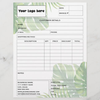 Membrete Tropical Leaf Invoice Business Sales Form Receipt