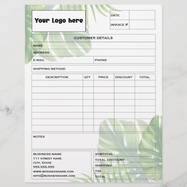 Membrete Tropical Leaf Invoice Business Sales Form Receipt (Anverso)
