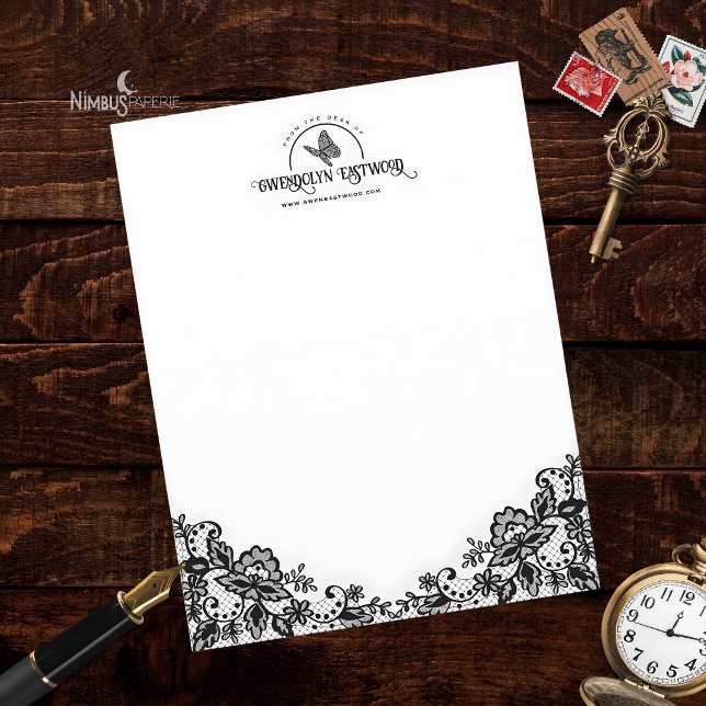 Membrete Victorian Gothic Black Lace & Butterfly Letterhead (Subido por el creador)