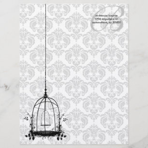 Membrete Vintage Bird Cage Red Damask Monogram Letterhead