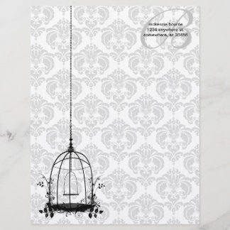 Membrete Vintage Bird Cage Red Damask Monogram Letterhead