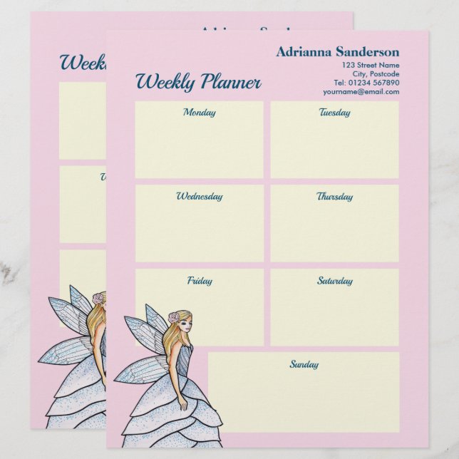 Membrete Watercolor Fairy Princess Fashion Weekly Planner (Anverso / Reverso)