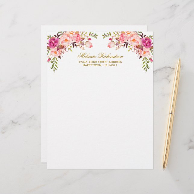 Membrete Watercolor rosa Rubor Floral Gold Personalizado (Anverso/Reverso In Situ)