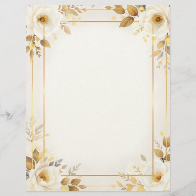 Membrete White and Gold Flowers and Double Frame Stationery (Anverso)