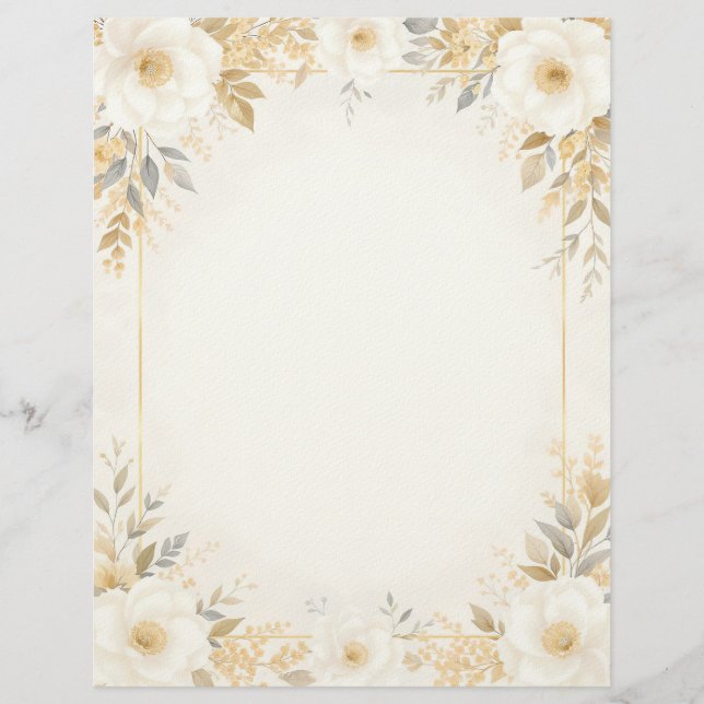 Membrete White Flowers with Gold Accents Stationery Paper (Anverso)