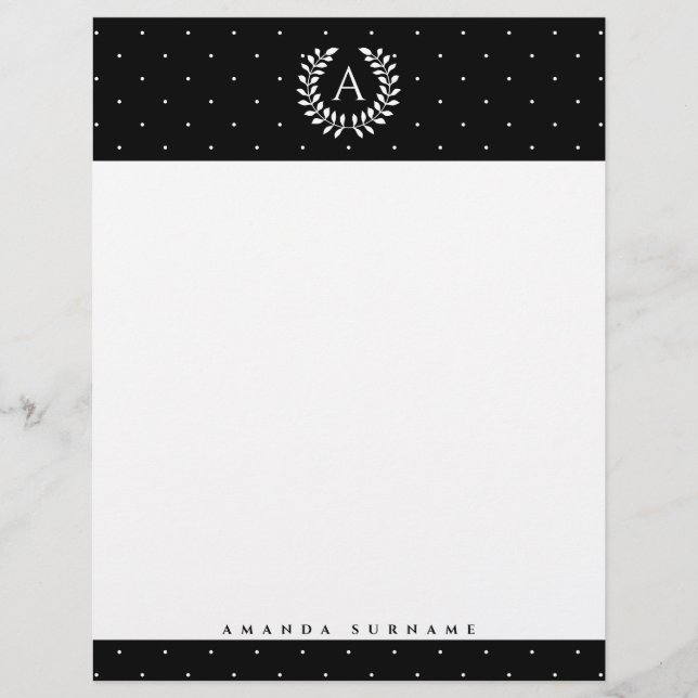 Membrete White On Black Laurel Monogram Polka Dot Pattern (Anverso)