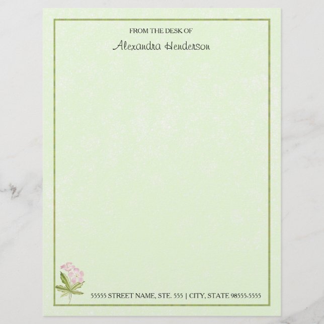 Membrete Wildflower verde rosado bonito de la acuarela con (Anverso)