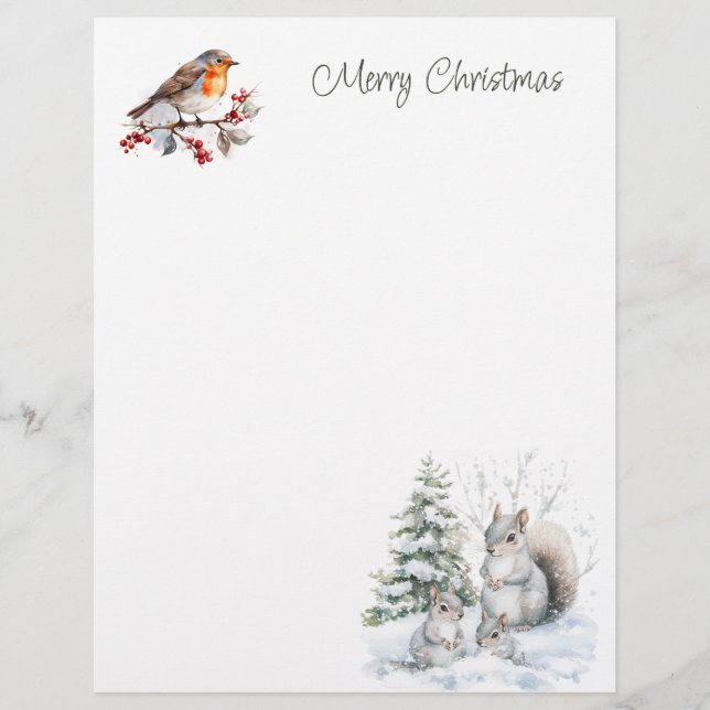 Membrete Winter Red Robin Squirrel Christmas  Letterhead (Anverso)
