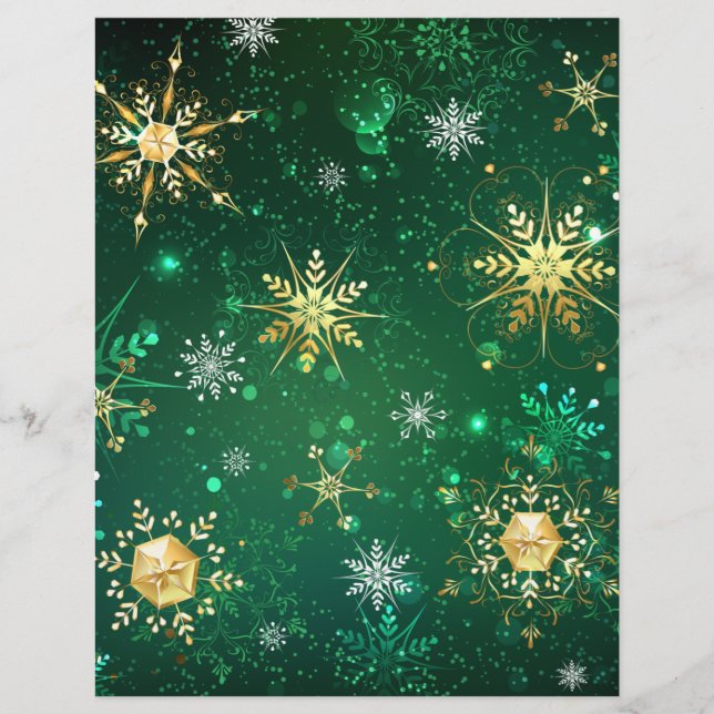 Membrete Xmas copos de nieve dorados sobre fondo verde (Anverso)