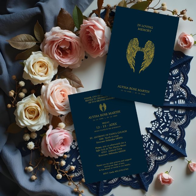 Memorial Funeral Angel Wings Dear One Passed Away (Design for a funeral memorial of loved one passed away invitation with an angels wings in gold.)