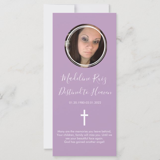 Memorial Funeral Cross Photo Purple Bookmark (Anverso)